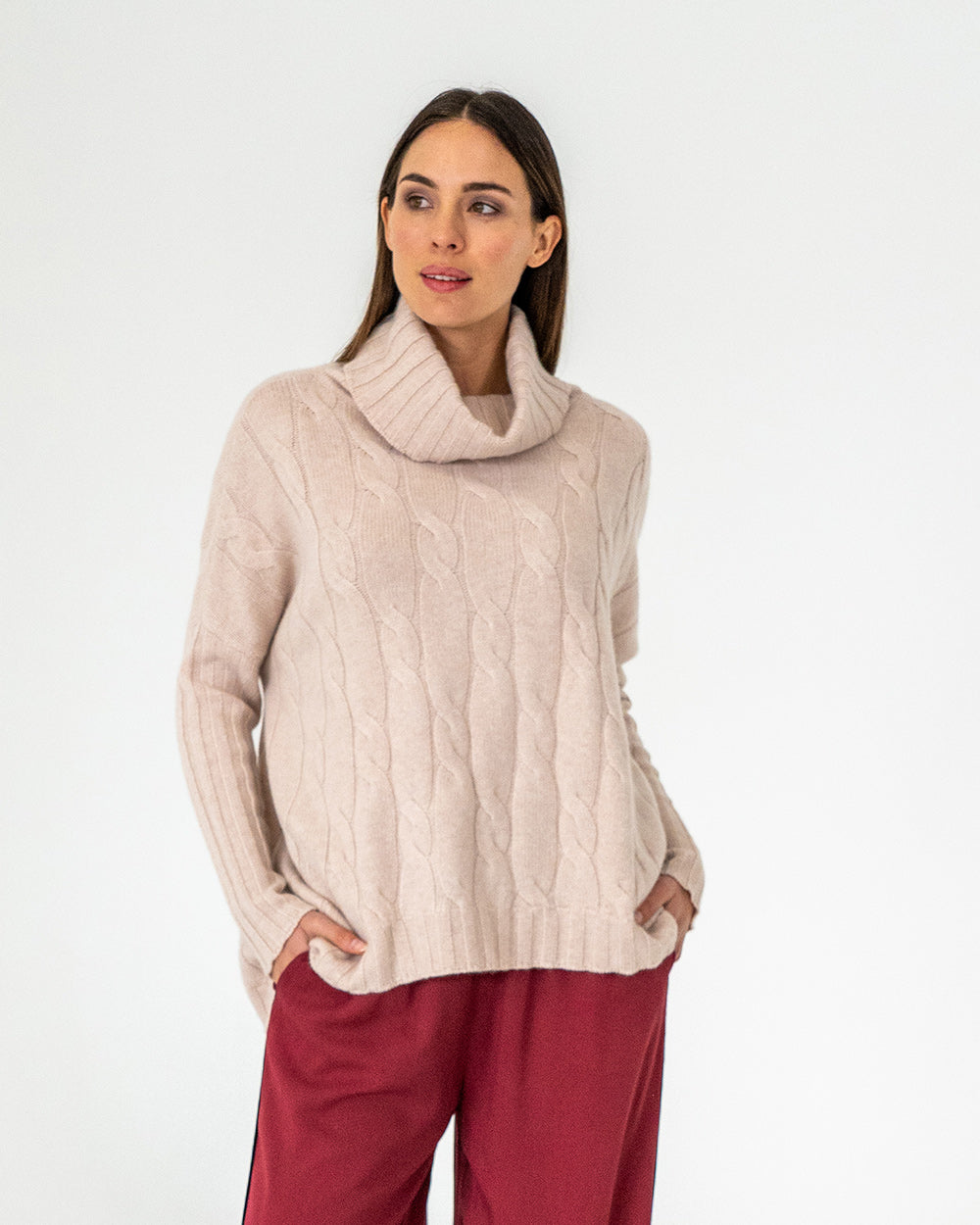 Sinead Roll Neck Knit - Blush Cable
