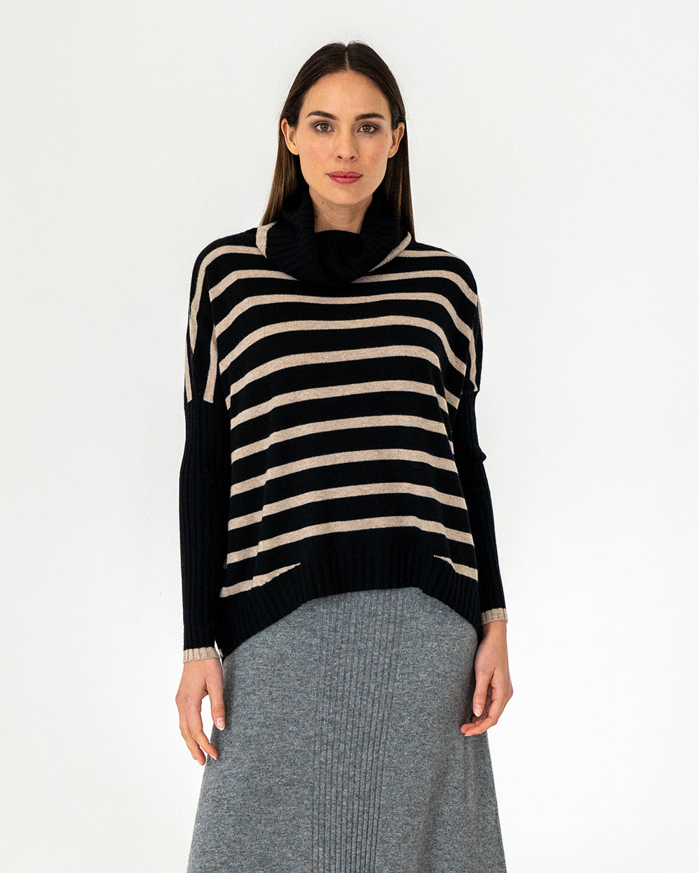 Sinead Roll Neck Knit - Black/Quinoa Stripe