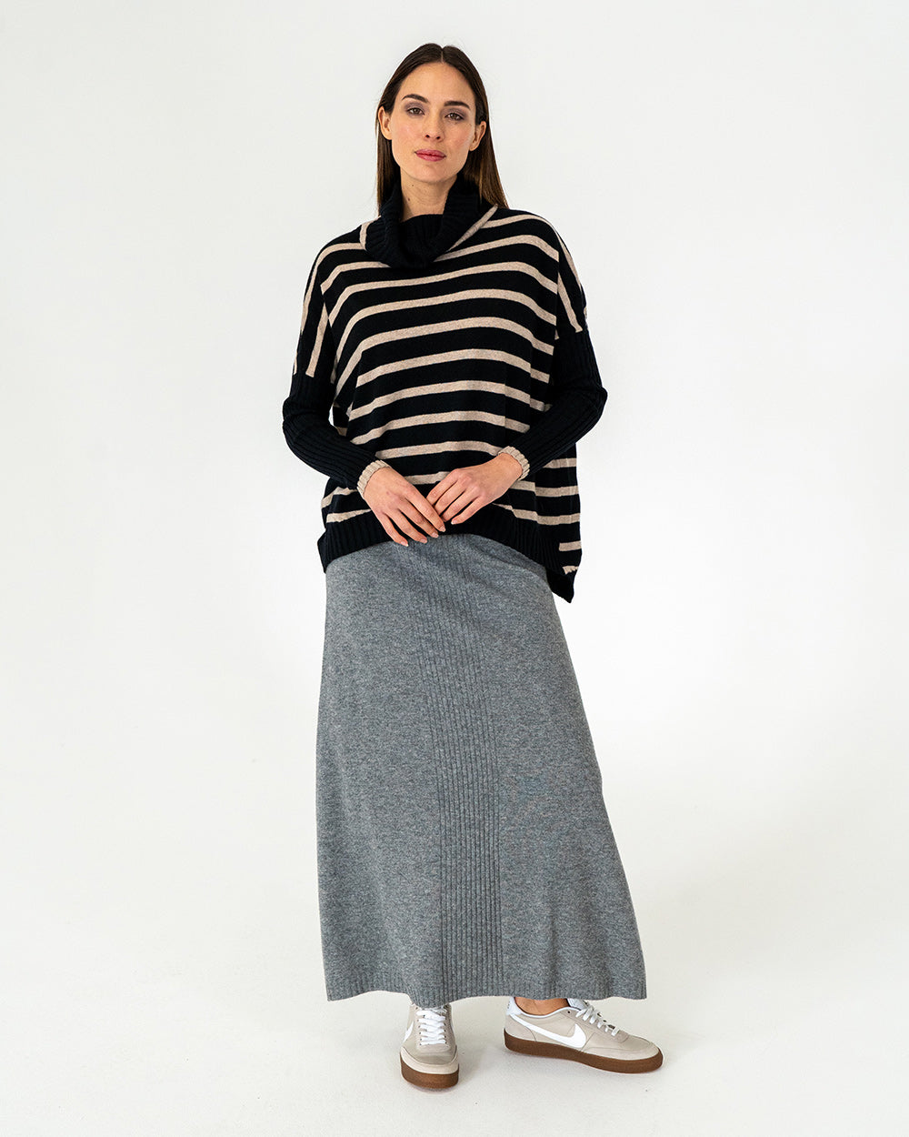 Sinead Roll Neck Knit - Black/Quinoa Stripe