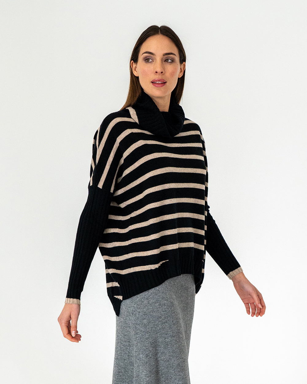 Sinead Roll Neck Knit - Black/Quinoa Stripe