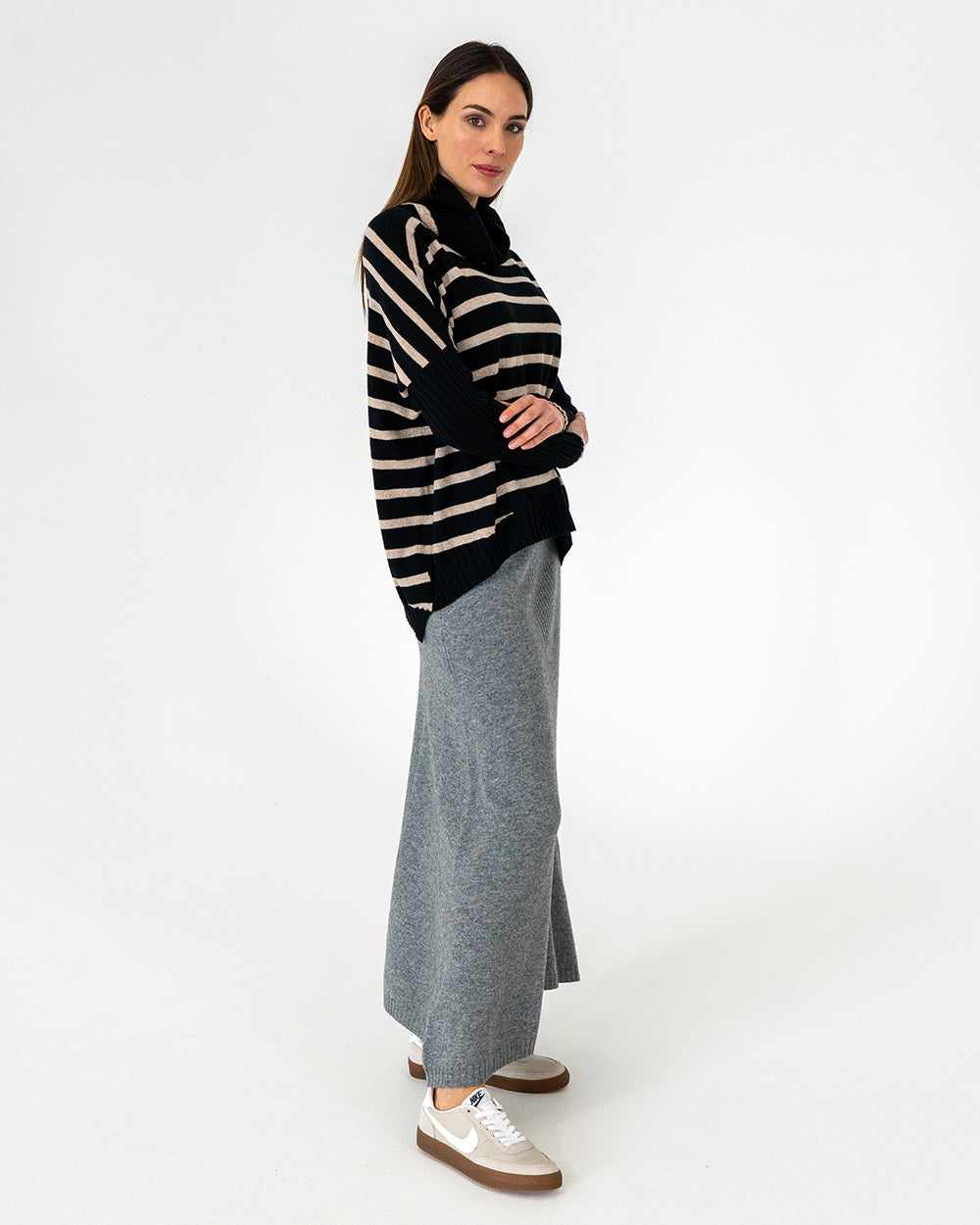 Sinead Roll Neck Knit - Black/Quinoa Stripe
