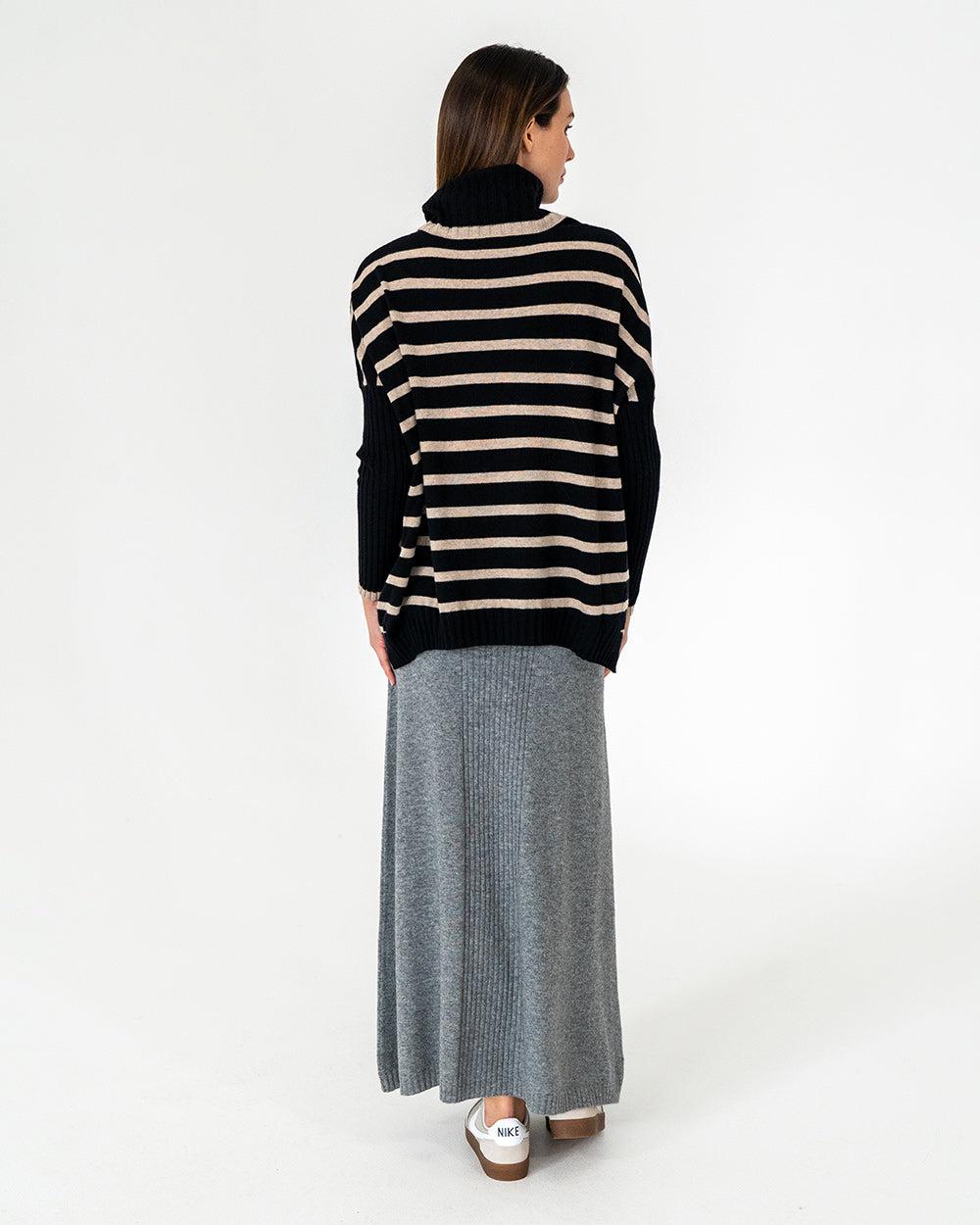 Sinead Roll Neck Knit - Black/Quinoa Stripe