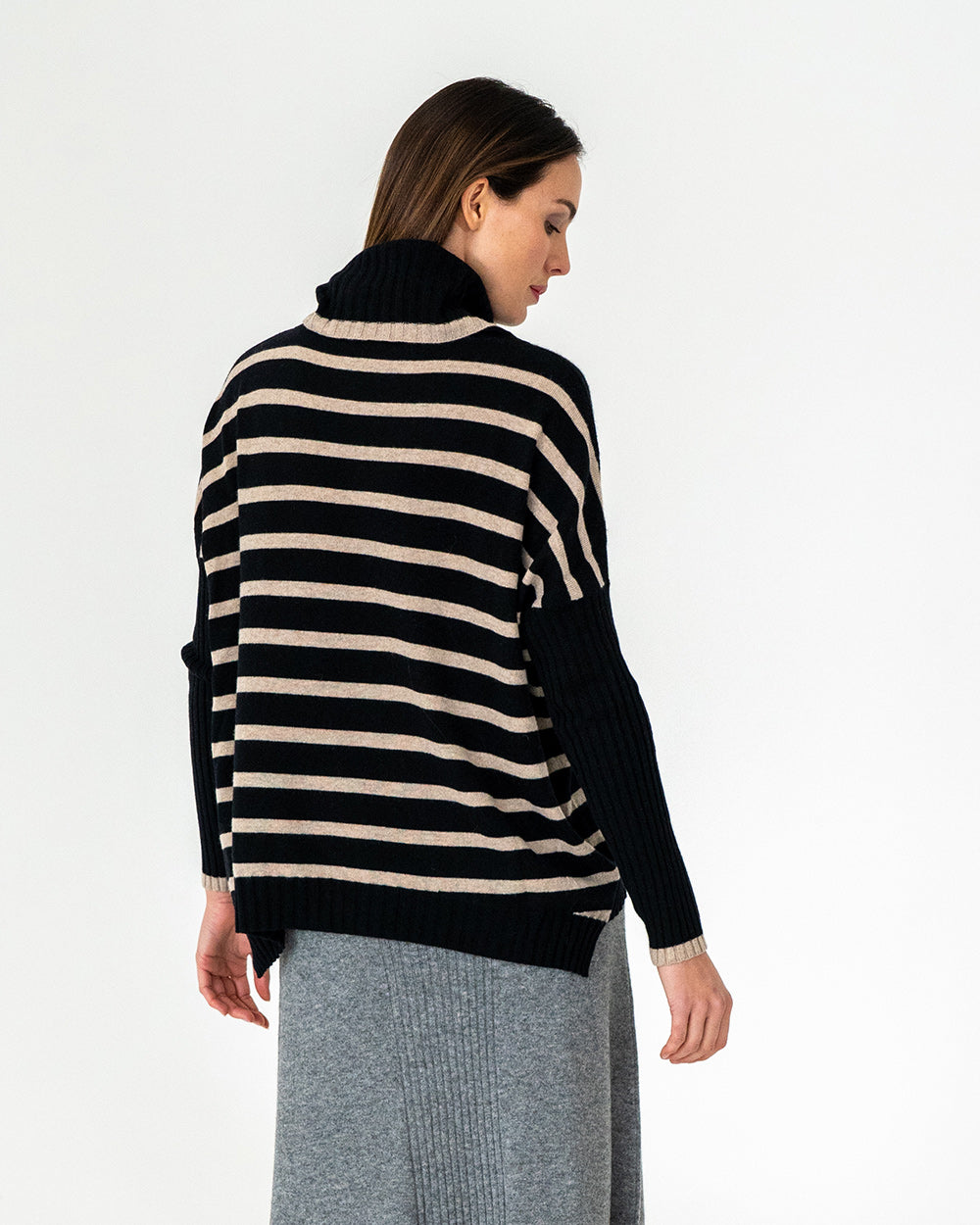 Sinead Roll Neck Knit - Black/Quinoa Stripe