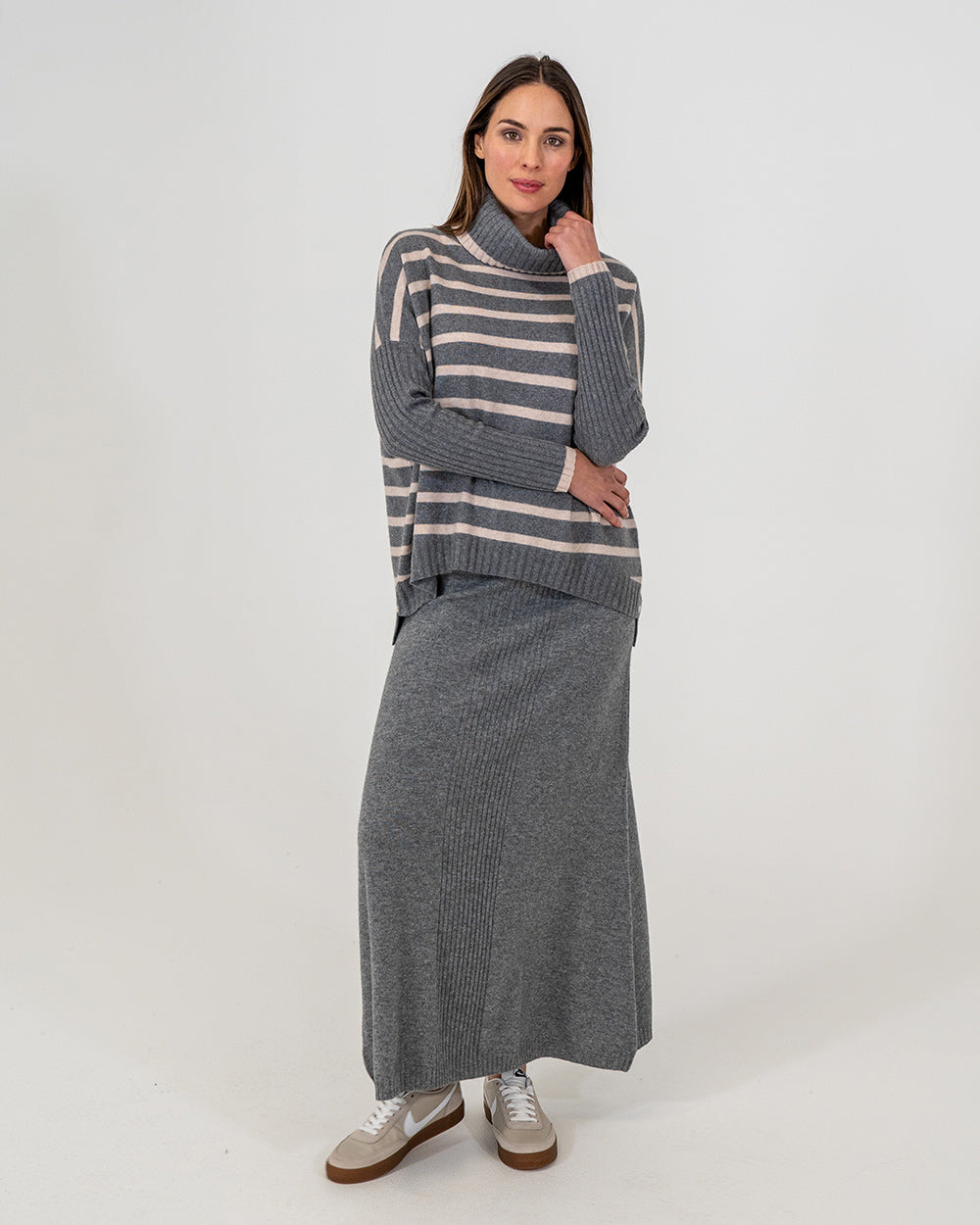 Sinead Roll Neck Knit - Charcoal/Blush Stripe