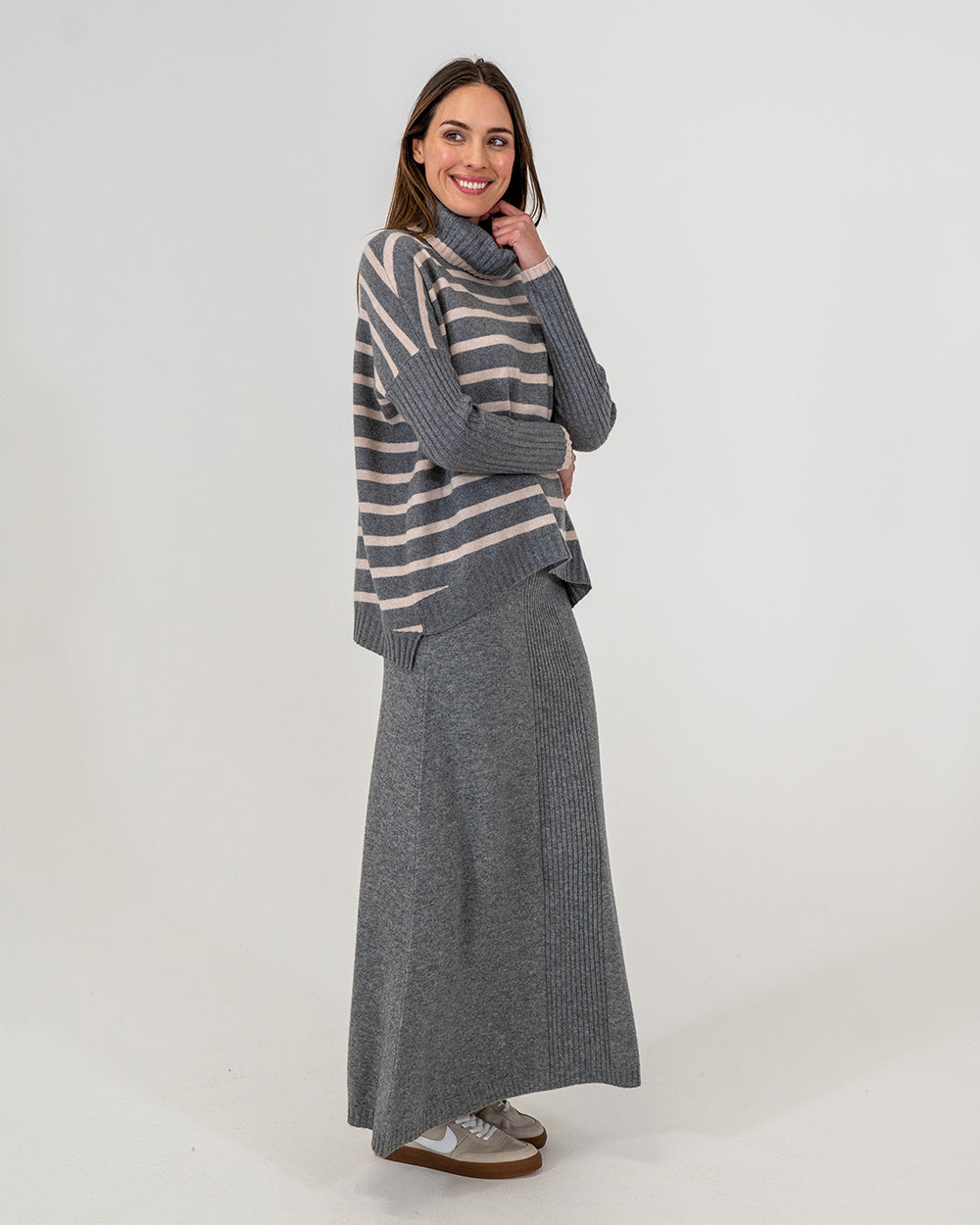 Sinead Roll Neck Knit - Charcoal/Blush Stripe