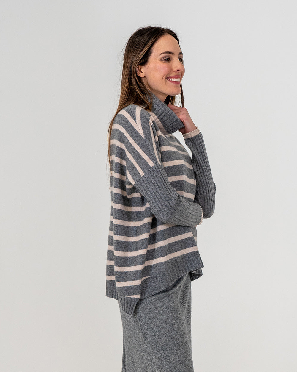 Sinead Roll Neck Knit - Charcoal/Blush Stripe