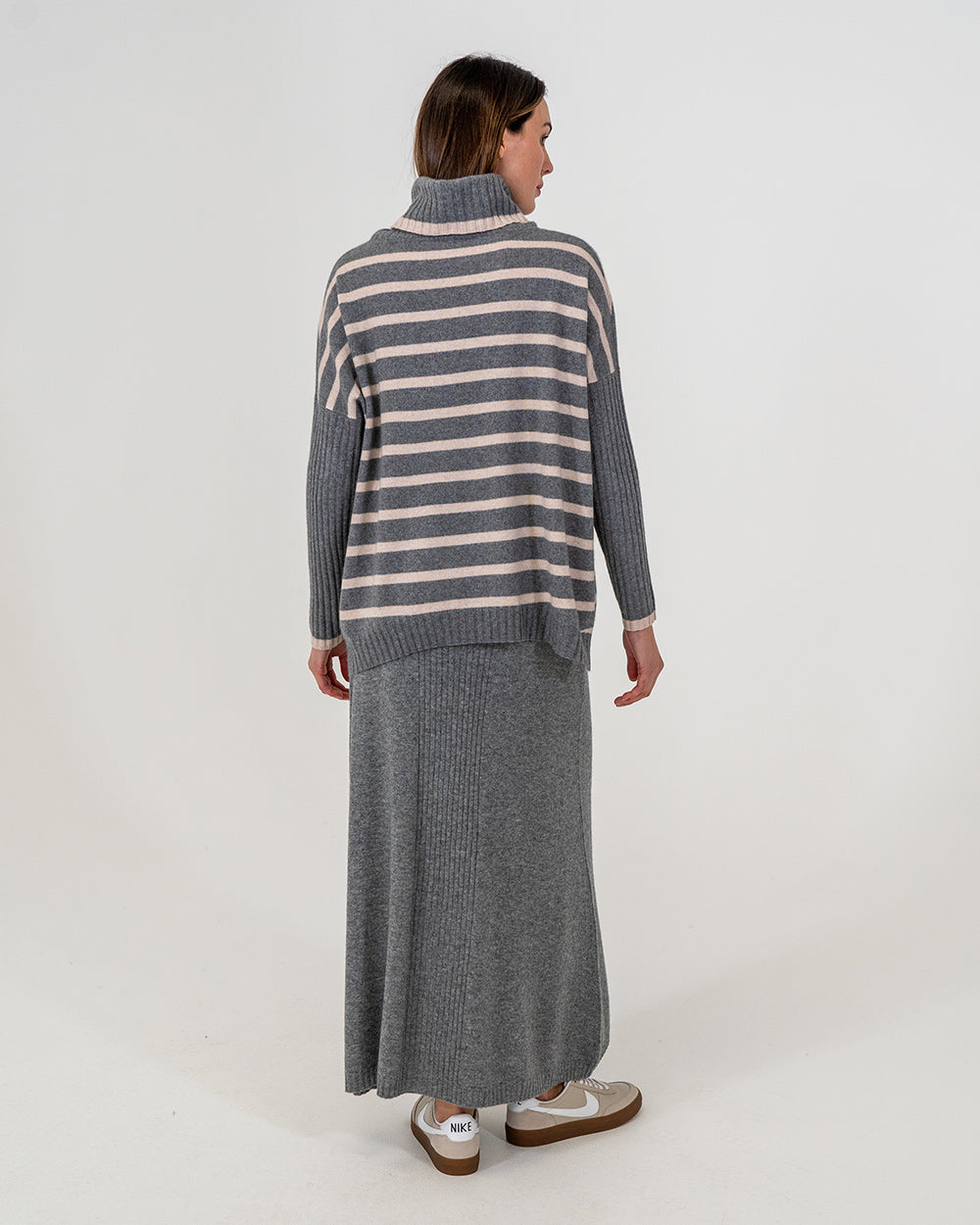Sinead Roll Neck Knit - Charcoal/Blush Stripe