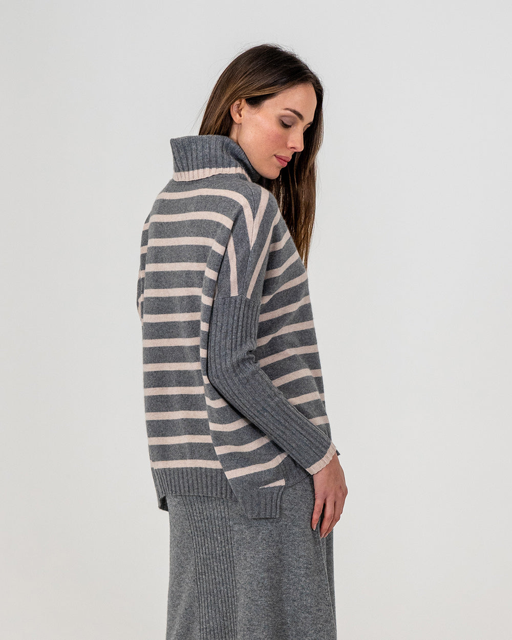 Sinead Roll Neck Knit - Charcoal/Blush Stripe
