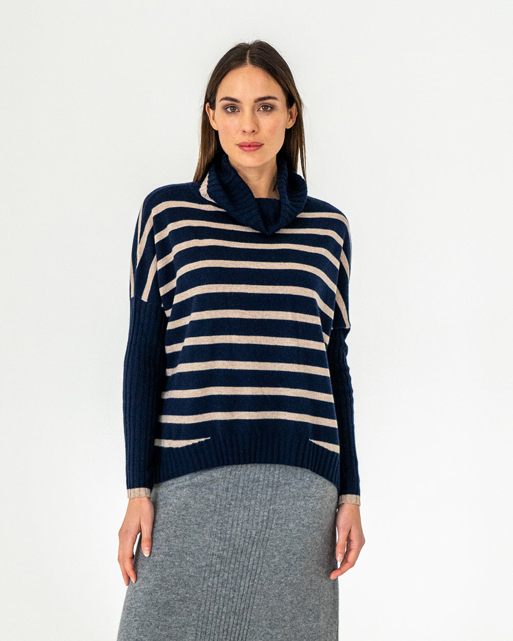 Sinead Roll Neck Knit - Navy/Quinoa Stripe