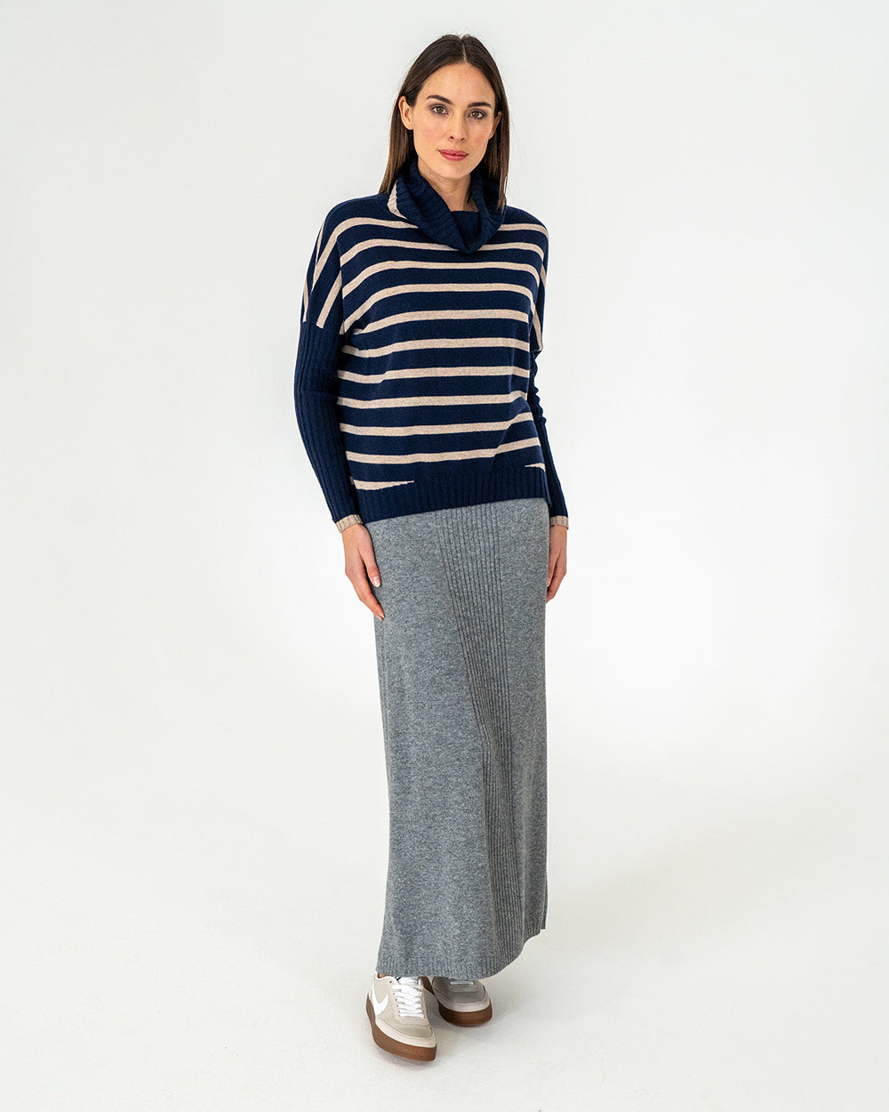 Sinead Roll Neck Knit - Navy/Quinoa Stripe
