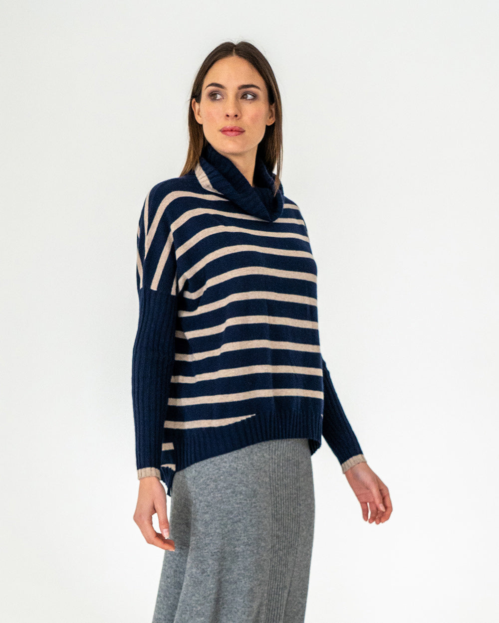 Sinead Roll Neck Knit - Navy/Quinoa Stripe