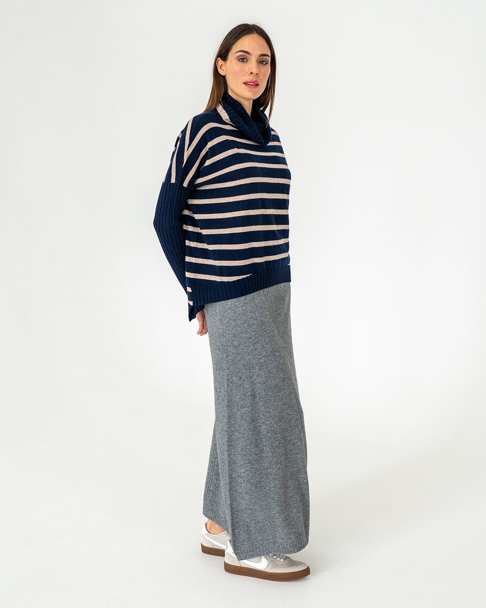 Sinead Roll Neck Knit - Navy/Quinoa Stripe
