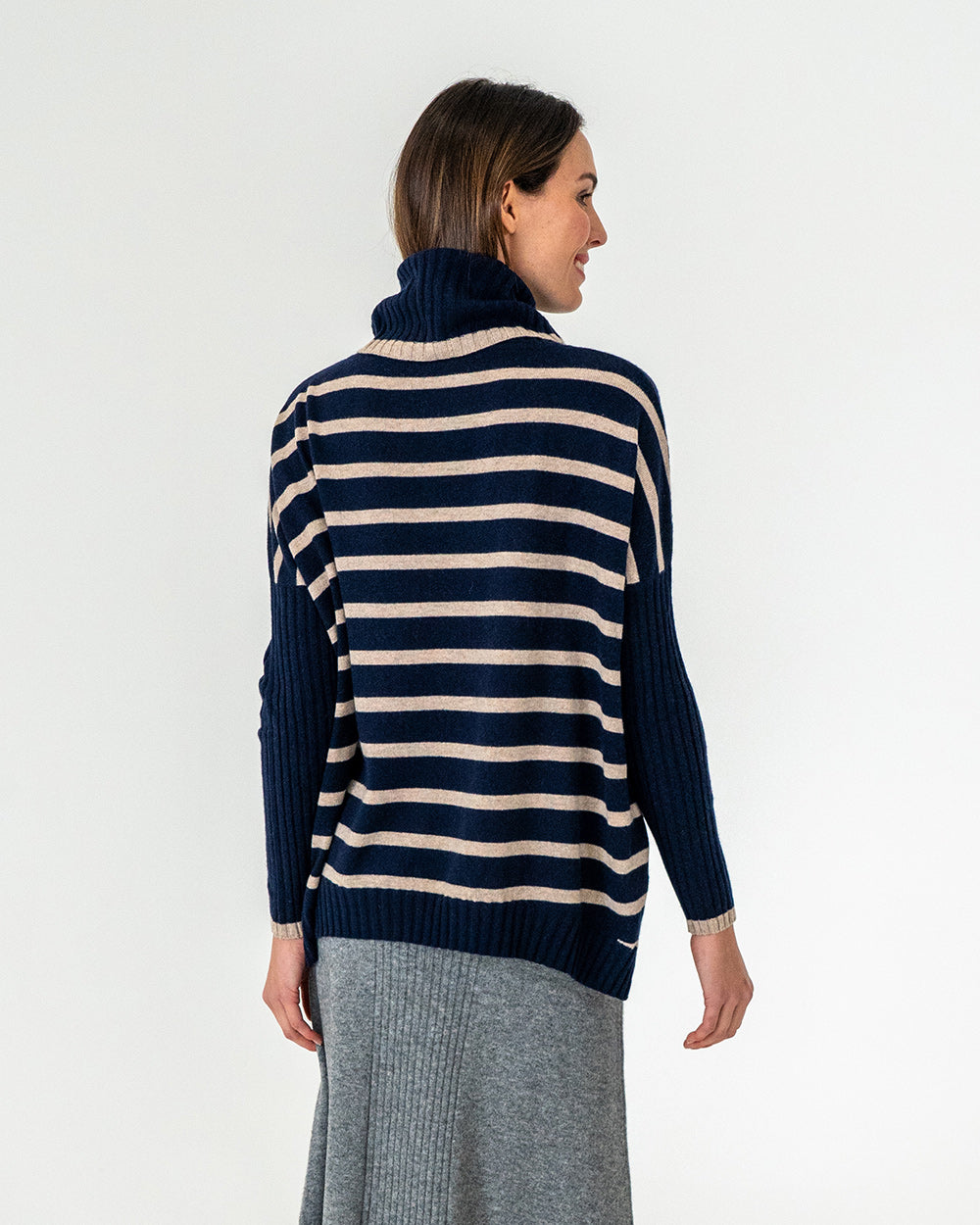 Sinead Roll Neck Knit - Navy/Quinoa Stripe