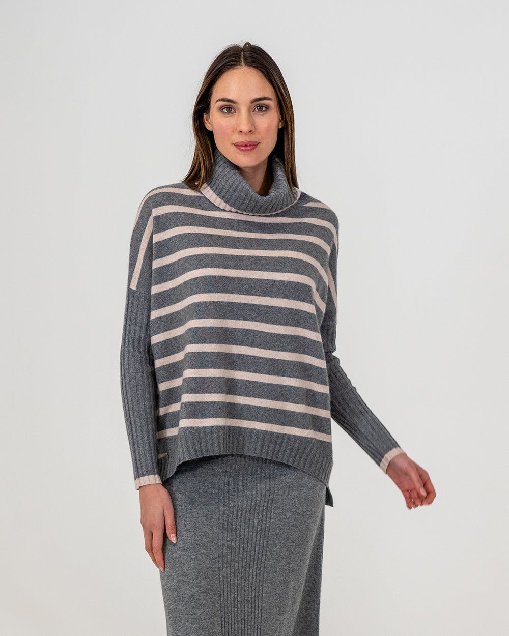 Sinead Roll Neck Knit - Charcoal/Blush Stripe