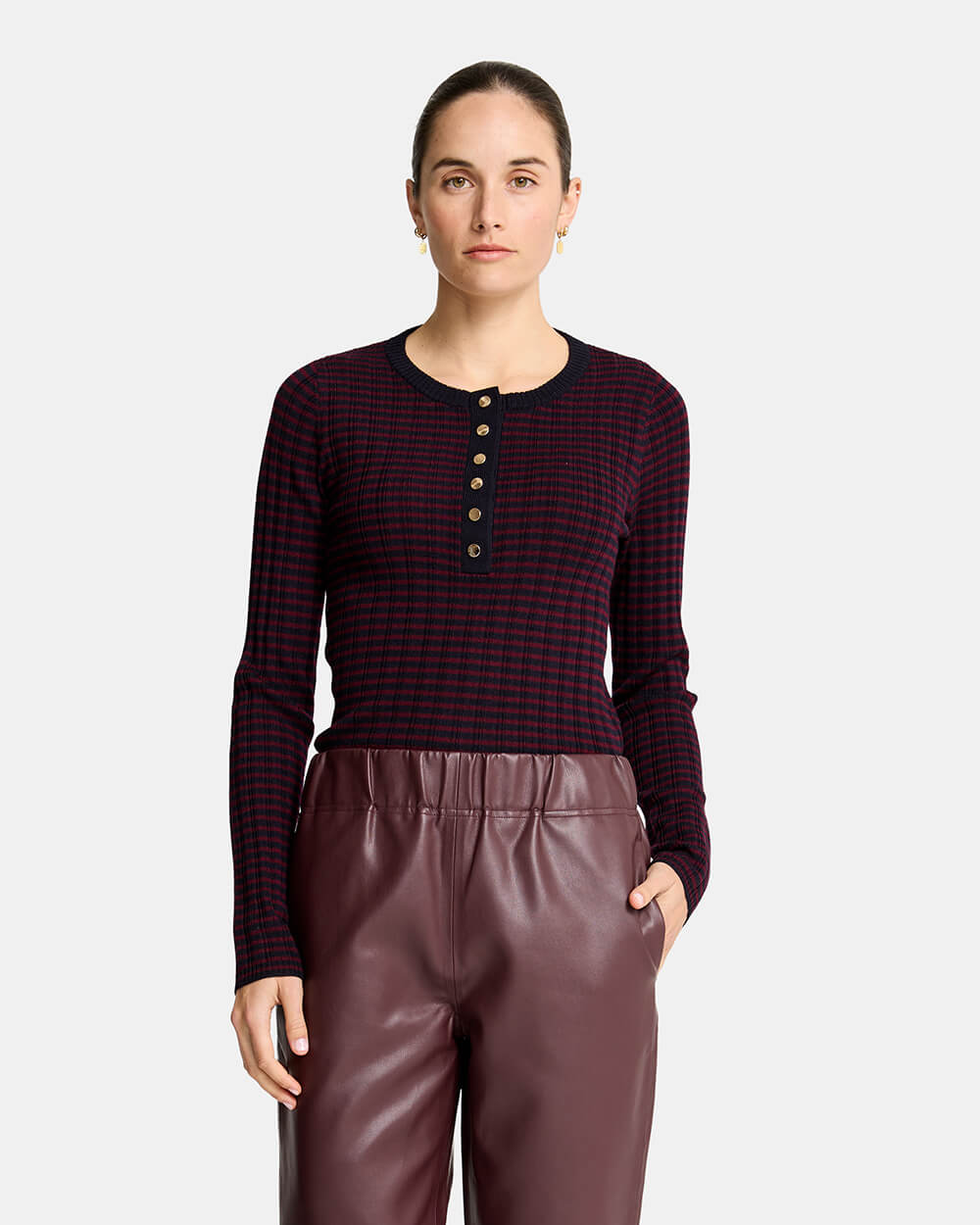 Henley Stripe Knit - Navy/Pinot