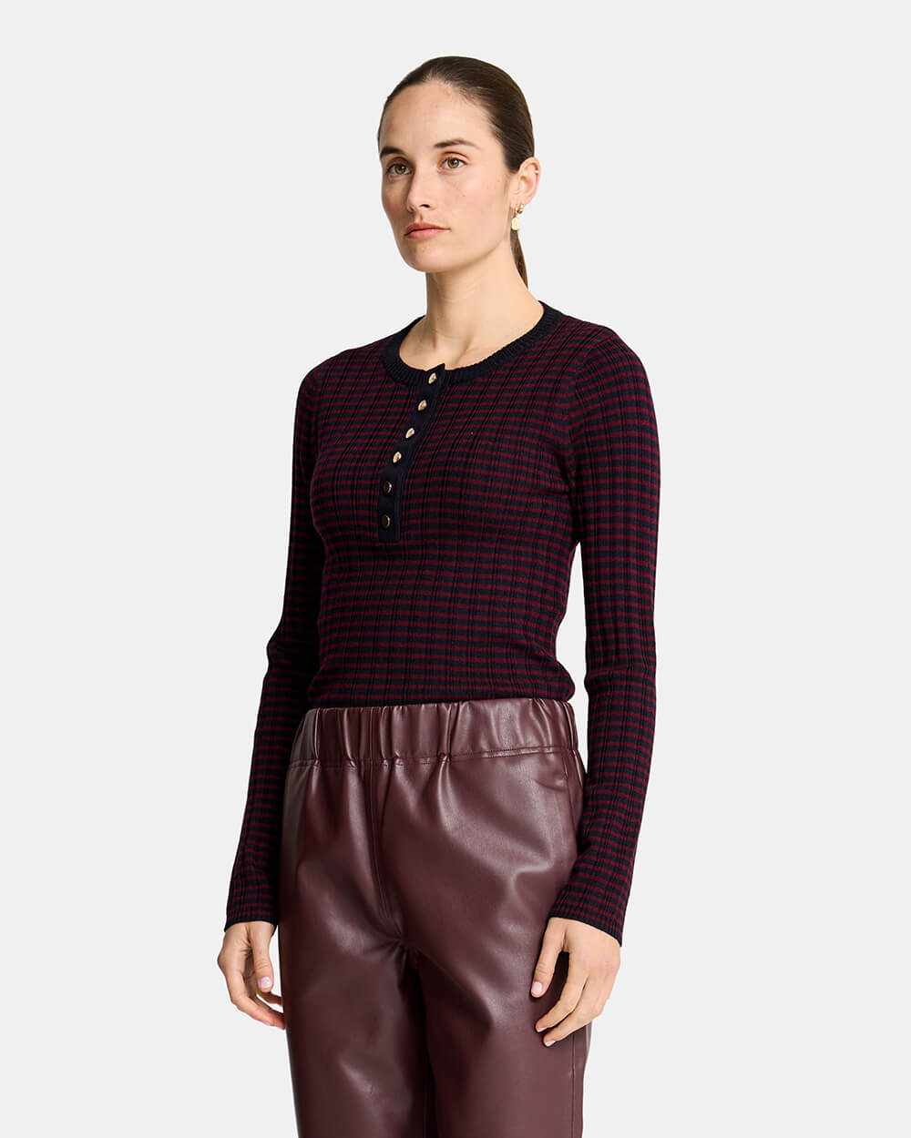 Henley Stripe Knit - Navy/Pinot
