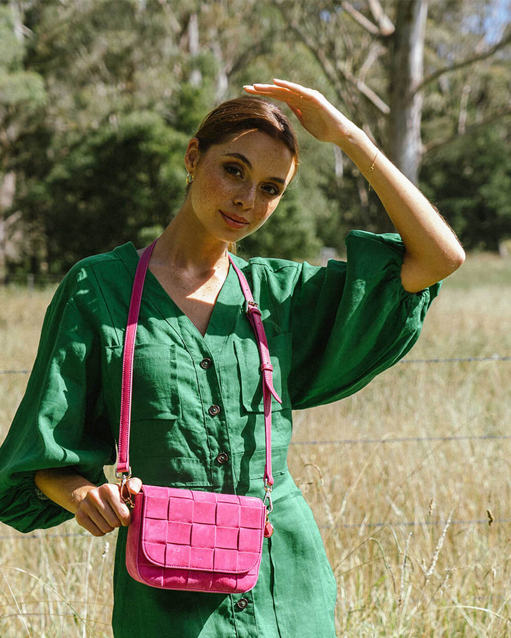 Clara Weave Crossbody - Hot Pink Suede